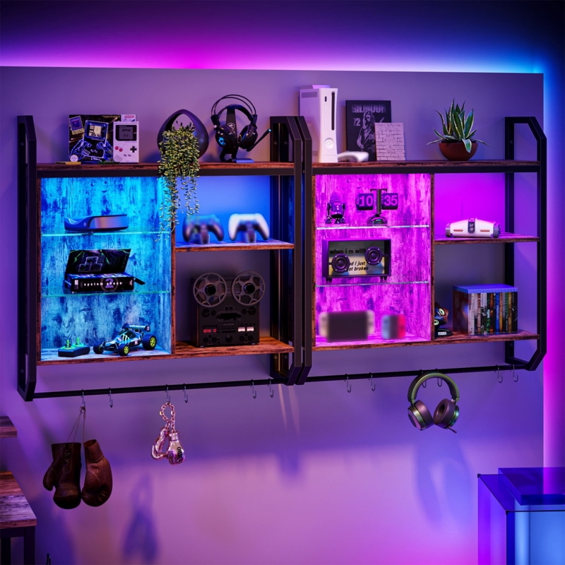 Floating Shelves with Underglow, Rustic Wood for Gaming Room Storage