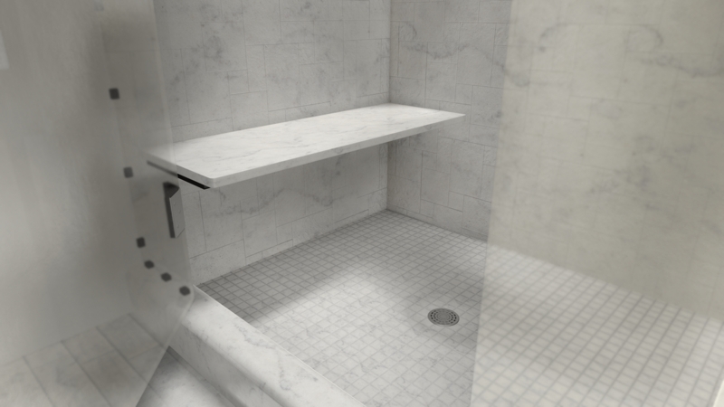 Floating Shower Bench, Marble-Veined Tile, Built-In Design.