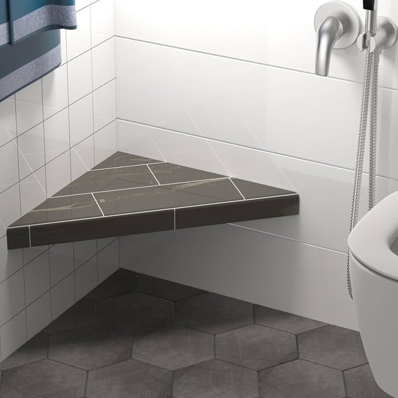 Floating Shower Bench: Modern Wood Toned Corner Seat