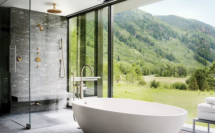 Floating Stone Shower Bench Design Thick Profile Mitered Edges Beige