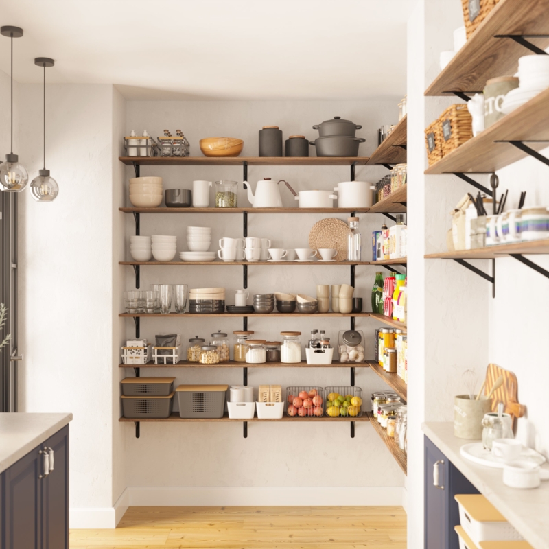 Floating Wall Shelf Burnt Wood Finish Thick Profile Rustic Kitchen Storage