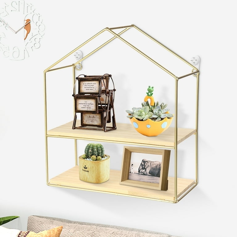 Floating Wall Shelf, Two-Tier with Grid Back, Black Metal Wire & Wood