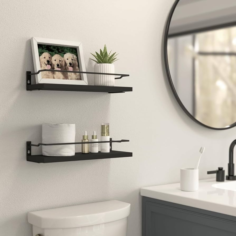 Floating Wall Shelf Two Tier Wood and Metal Contrast with Guard Rail