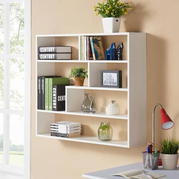 Floating Wall Shelf White Geometric Asymmetrical Compartments Modern