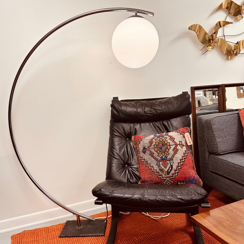 Floor Lamp Frosted Globe Shade Stone Like Base Retro Gold Arc