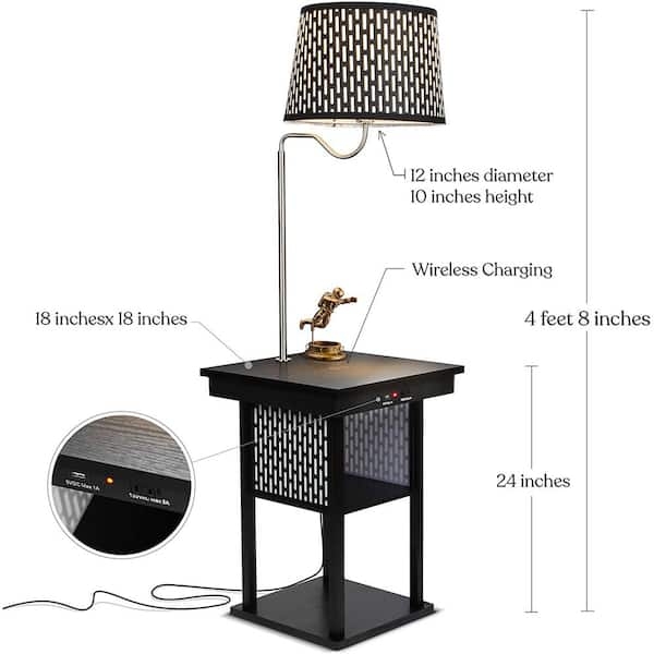 Floor Lamp Integrated Tray Table Matte Black Tripod Drum Shade