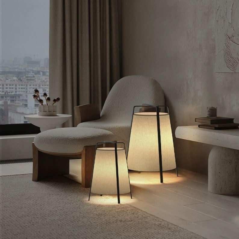 Floor Lamp Minimalist Tripod Wood Base Cone Parchment Shade Japandi