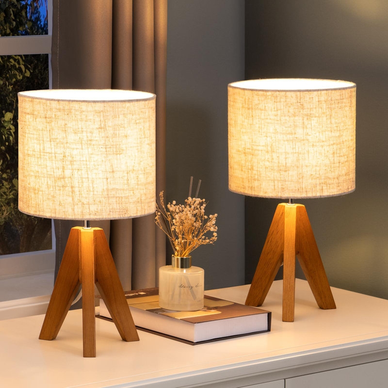 Floor Lamp Tripod Base Tapered Legs Linen Drum Shade Wood Tone