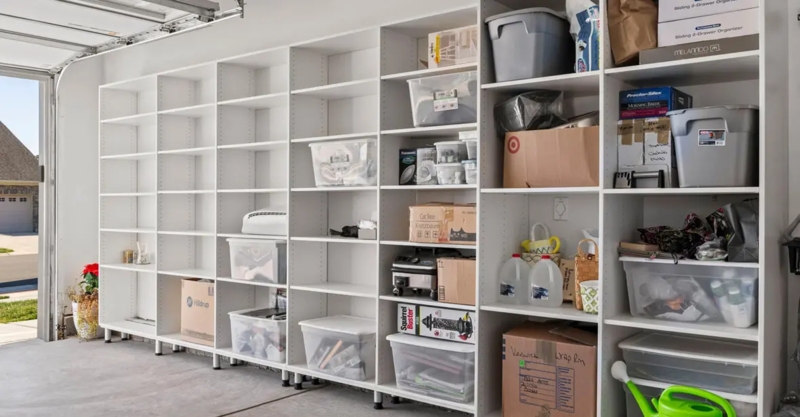 Floor to Ceiling Garage Storage System with Adjustable Modular Shelving.