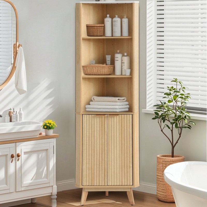Fluted Wood Corner Cabinet with Curved Profile and Open Shelving