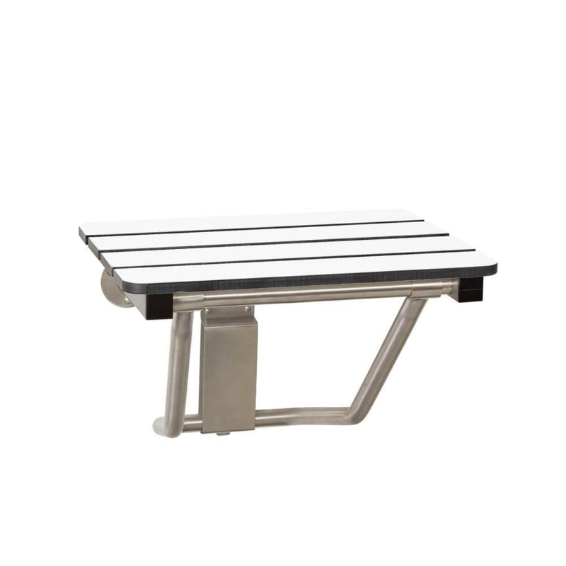 Folding Shower Bench, Wall-Mounted White Slats, Minimalist.