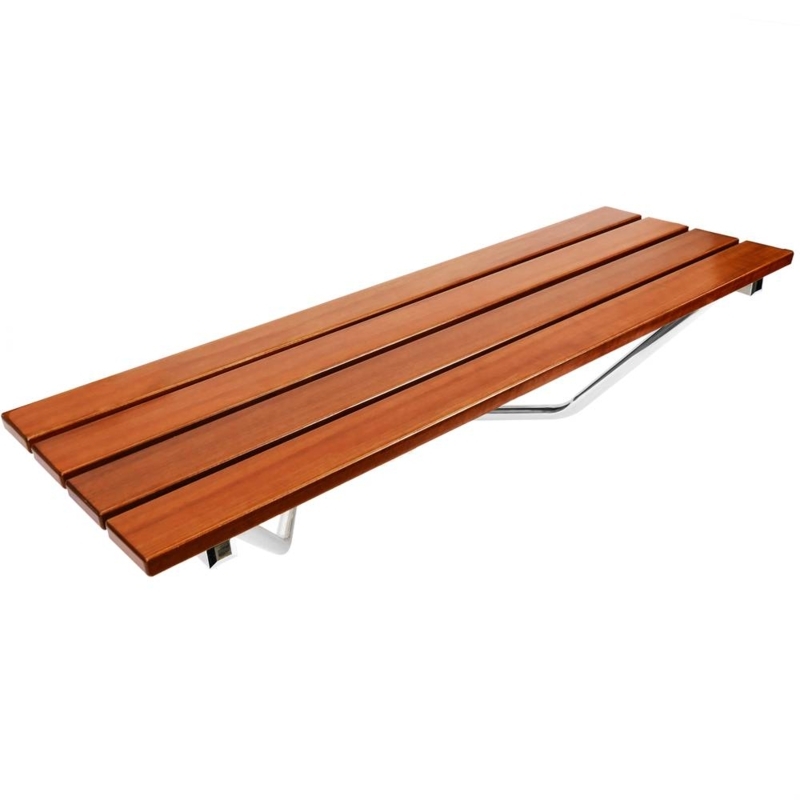 Folding Shower Bench Wall Mounted with Dark Wood Slats and Metal Frame