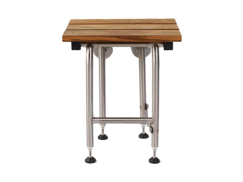 Folding Shower Bench, Wall-Mounted with Wood-Toned Slats.