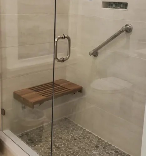 Folding Shower Bench with Slatted Wood Seat and Wall Mount Bracket