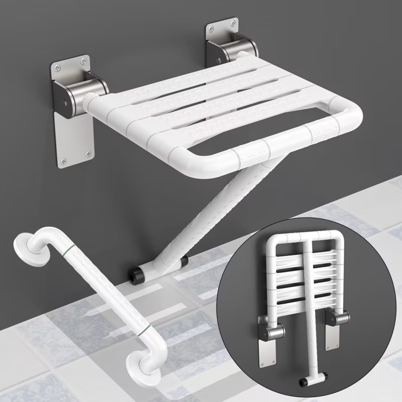 Folding Shower Seat with Integrated Grab Bar, White Slats.