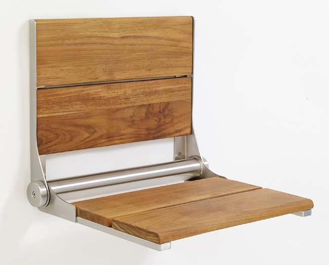 Folding Wall Mounted Shower Seat, Polished Metal Frame and Wood Slats