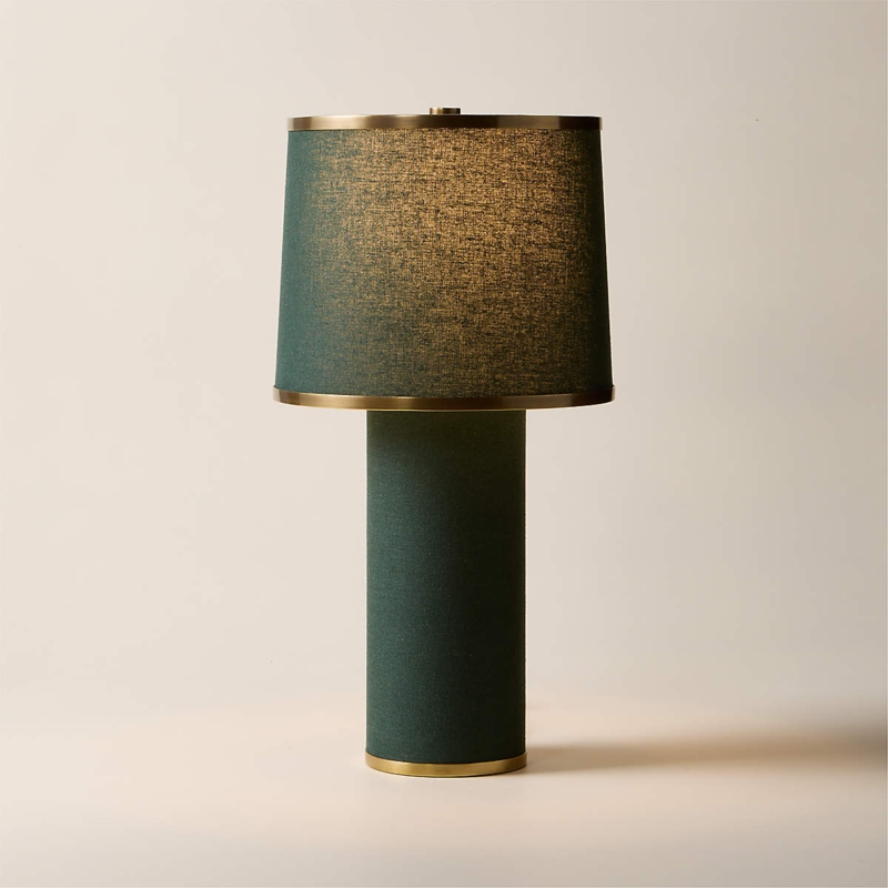 Forest Green Table Lamp with Sculptural Wood Tripod Base.