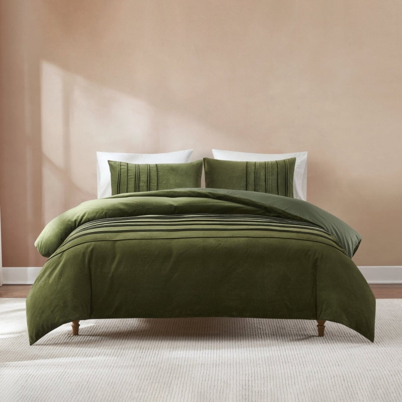 Forest Green Velvet Duvet Cover Set Pleated Groove Texture Modern