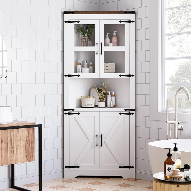 Freestanding Corner Cabinet with Shutter Style Louvered Doors