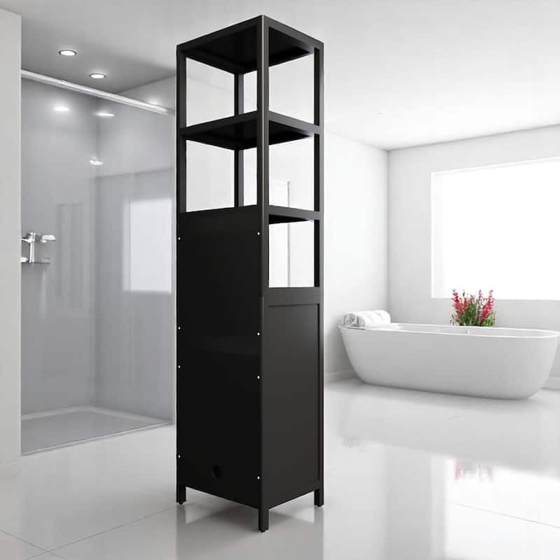 Freestanding Linen Tower with Slatted Bamboo Door and Matte Finish