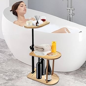 Freestanding Natural Wood Bath Caddy with Three-Tier Storage
