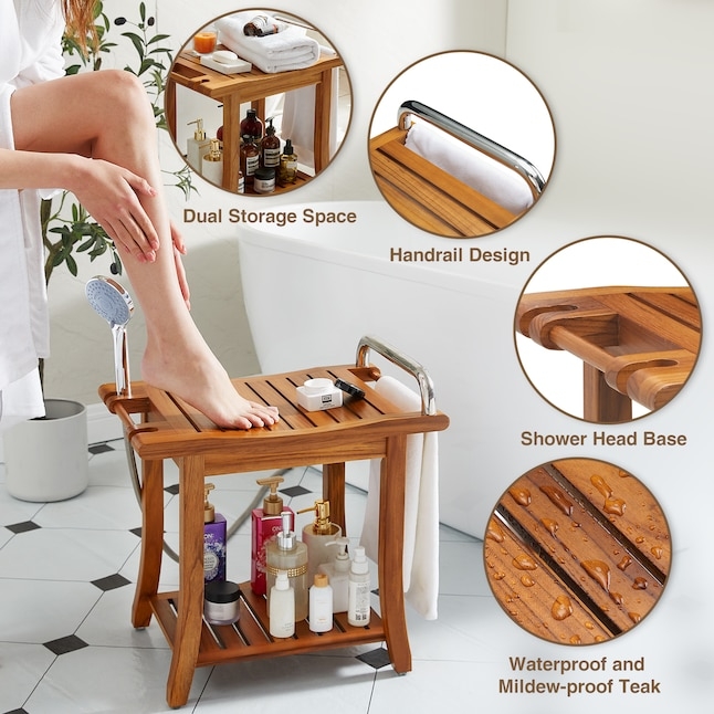Freestanding Shower Bench with Curved Legs and Slatted Storage