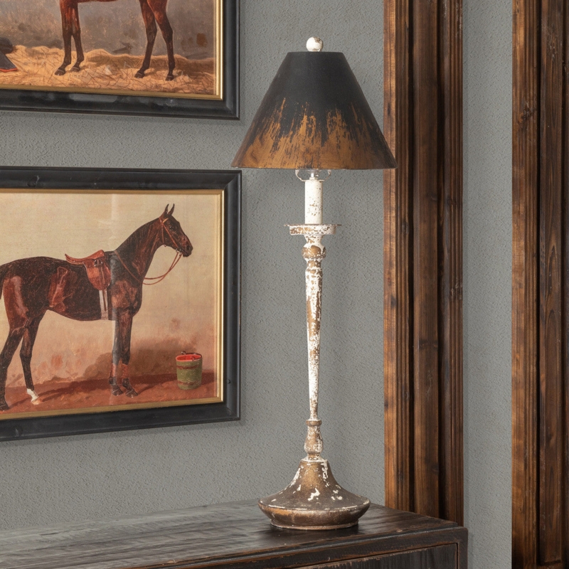 French Country Buffet Lamp, Antiqued Finish, Cream Tapered Shade