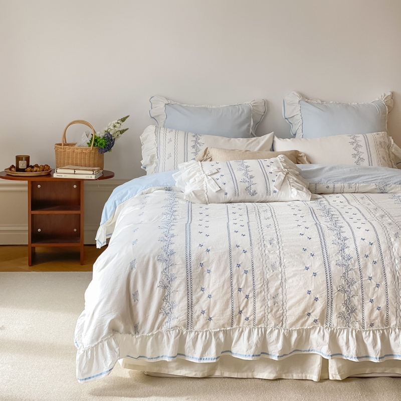 French Country Ruffled Bedding Set, Lace Embroidery and Floral Pattern.