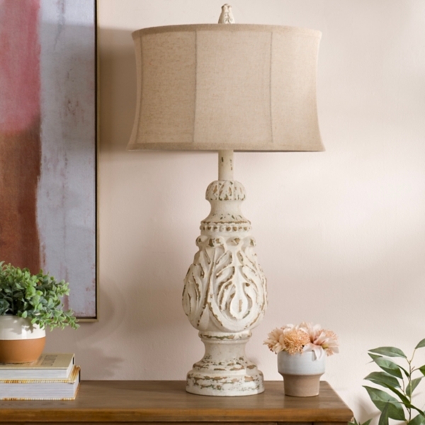 French Country Table Lamp: Distressed Cream Urn Base, Tapered Shade