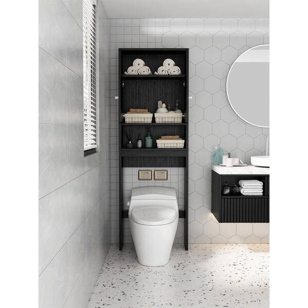 Frosted Glass Over The Toilet Storage Cabinet with Gold Hardware.