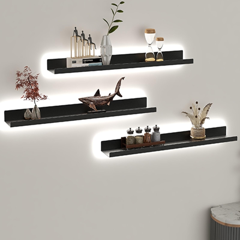 Futuristic Black Floating Shelf with Integrated LED Lighting