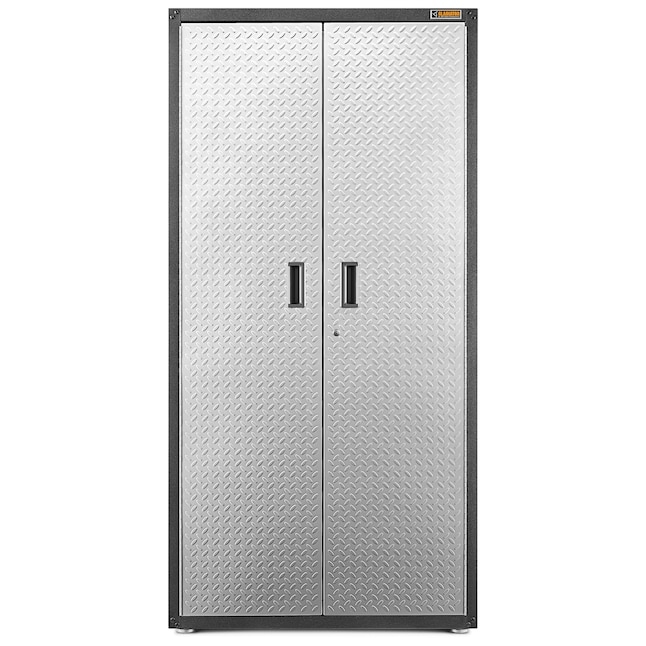 Garage Cabinet Diamond Plate Silver and Black Metal Recessed Handles