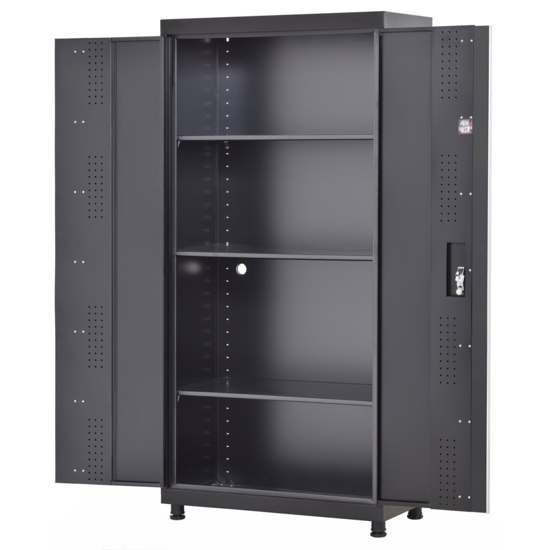 Garage Cabinet Set: Modular Steel System with Wood-Toned Workbench