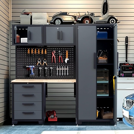 Garage Cabinet Set, Modular with Red Recessed Handles and Tall Pantry Lockers