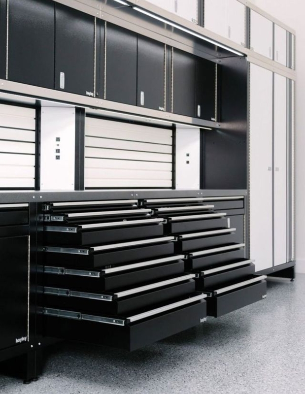 Garage Cabinet System: Industrial Metal Workbench with Silver Bar Pulls