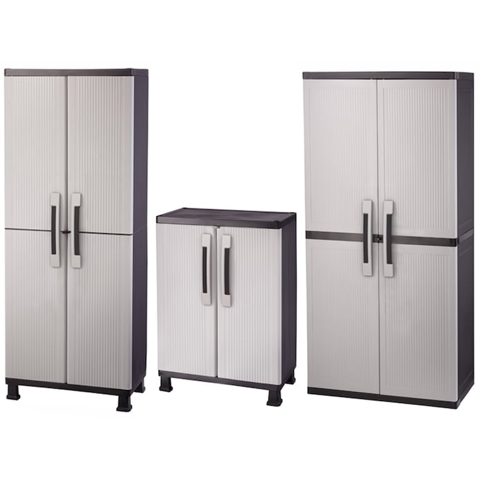 Garage Cabinet System with Red Latching Handles and Ribbed Door Texture