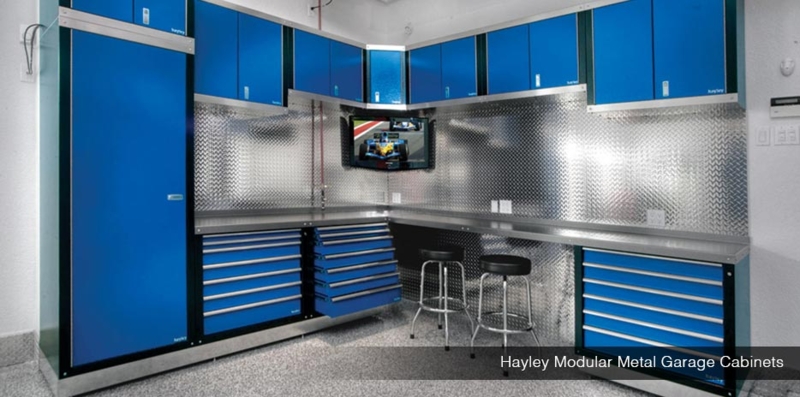 Garage Cabinets: Metallic Blue Modular Storage System with Countertop