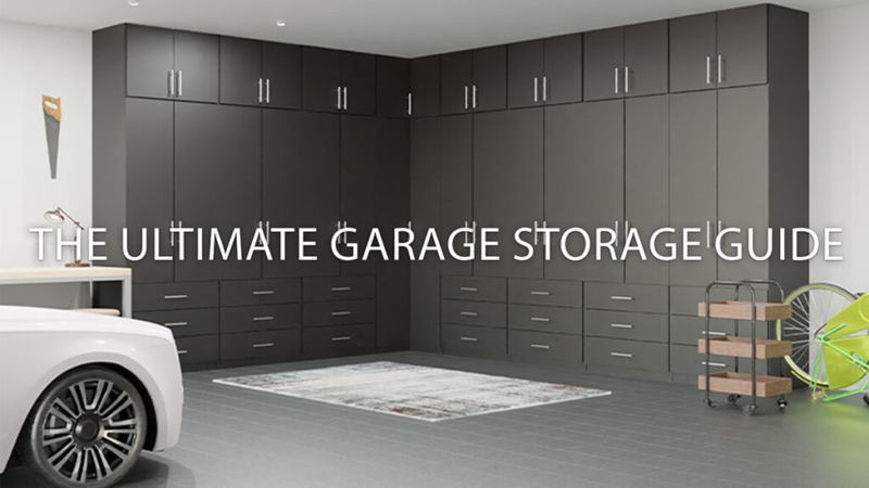 Garage Cabinets System, White Modular Units with Integrated Workbench and Slatwall