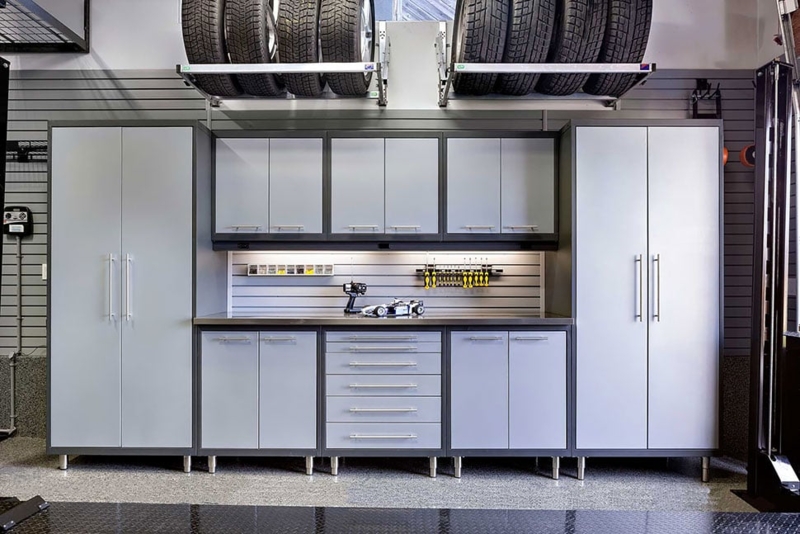 Garage Cabinets with Charcoal Finish and Modular Slatwall Backing