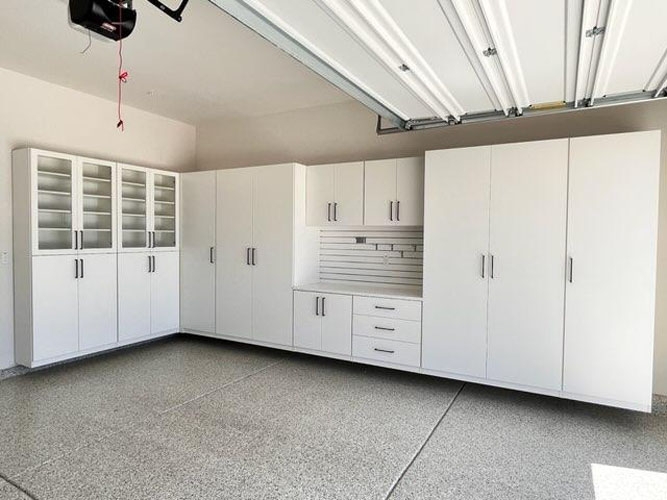 Garage Cabinets with Integrated Workbench Layout and Slatwall Organizer