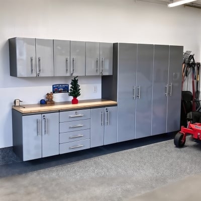 Garage Cabinets with Metallic Silver Finish and Recessed Handles