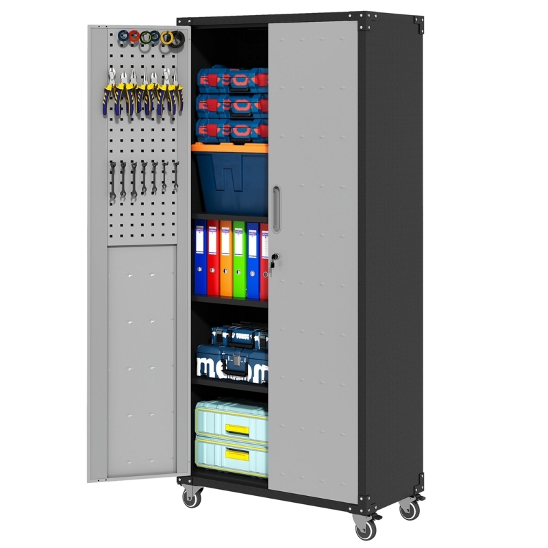 Garage Storage Cabinet, Perforated Doors, Locking Casters, Industrial Tool Storage