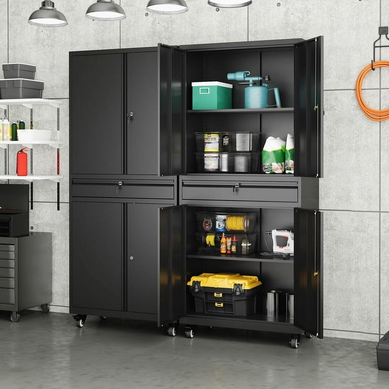 Garage Storage Cabinet Set Rolling Base Wood-Toned Top Industrial