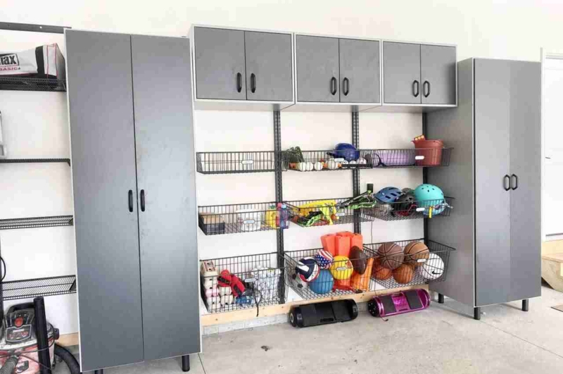 Garage Storage System, Wall Mounted Slat Tracks and Vertical Ball Bin