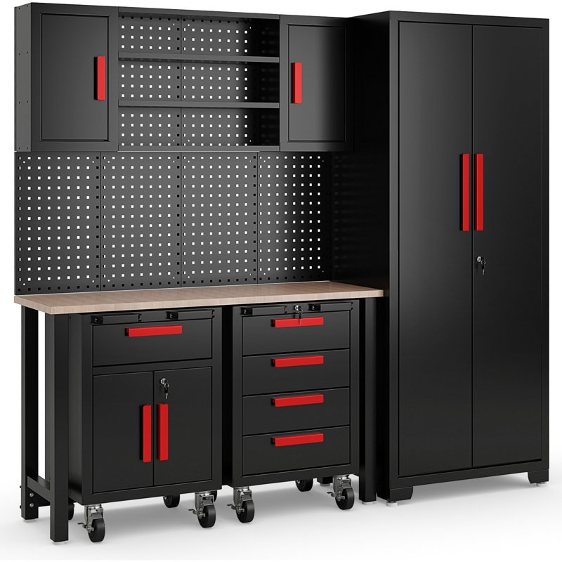 Garage Storage System with Wood Worktop and Dual Tall Lockers