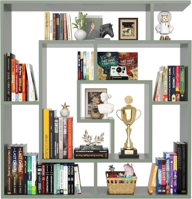 Geometric Bookshelf Staggered Design Muted Green Sage Wood Unit (73 chars)