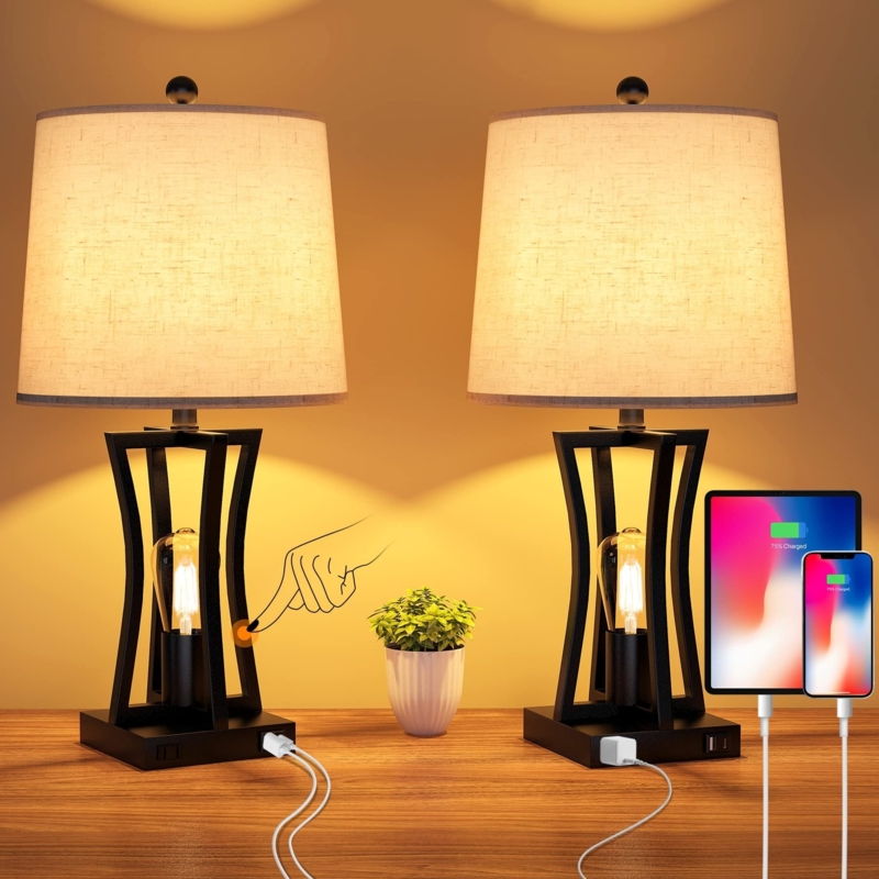 Geometric Cage Table Lamps Set Black Metal with Wood Accents