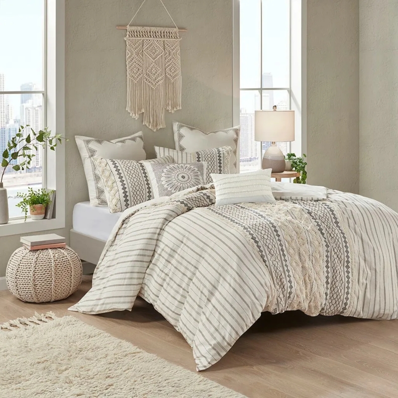 Geometric Chenille Duvet Cover Set Ivory Tufted Detailing Boho Style