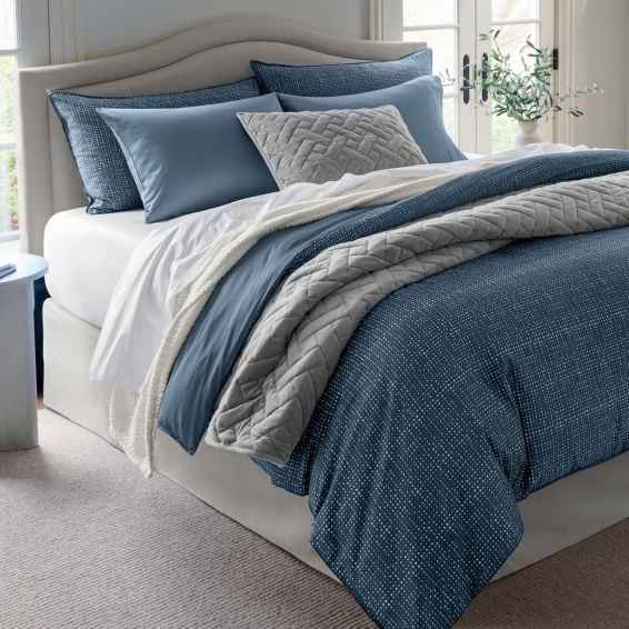 Geometric Duvet Cover Set, Gray and White, Upholstered Headboard.