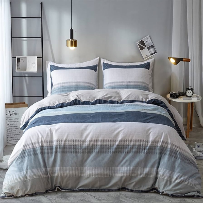 Geometric Duvet Cover Set with Multitone Stripes, Cool Toned Bedding